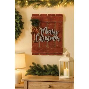 Vintage Rustic Red "Merry Christmas" Wooden Wall or Door Sign Holiday Décor